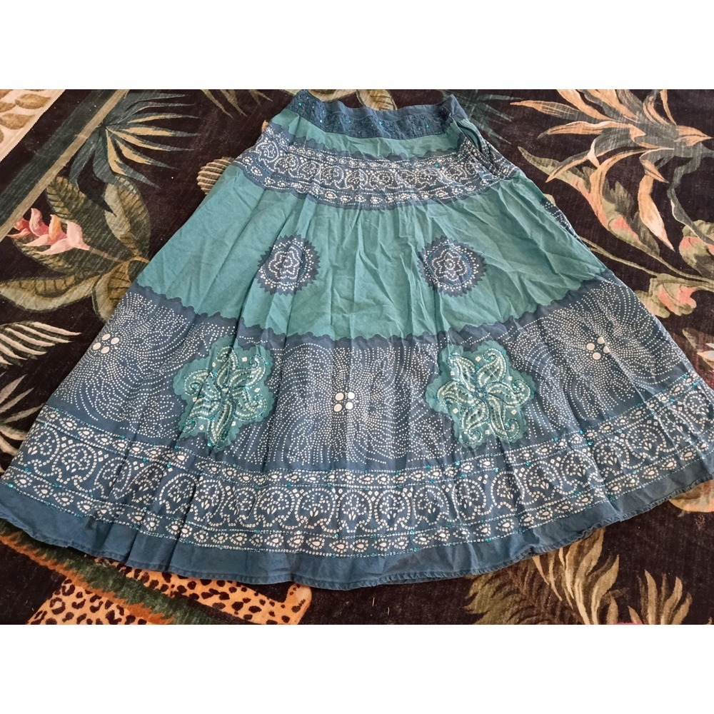iZ Byer Boho Festival Skirt Juniors 7 Teal Blue Tiered Sequin Embroidered Midi